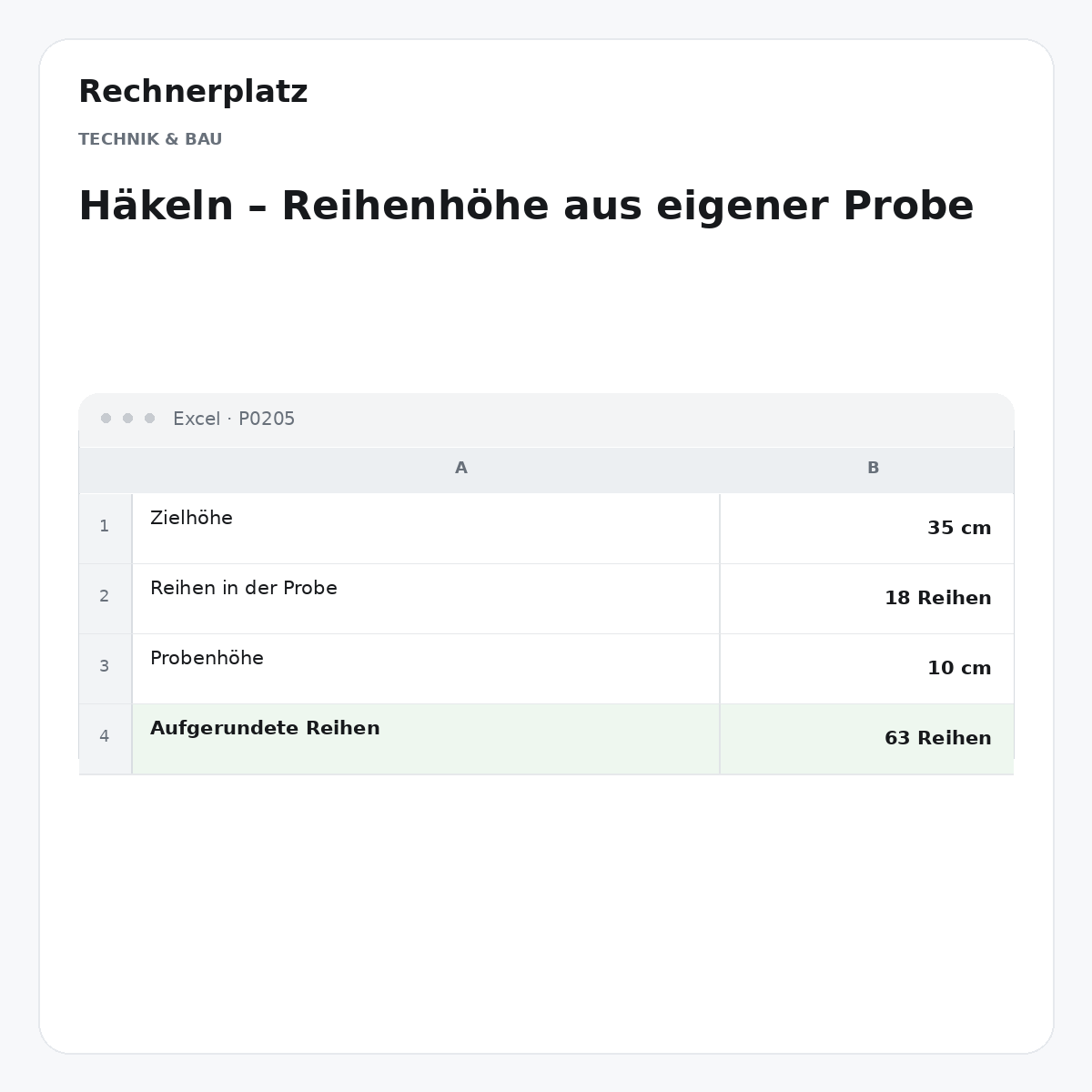 Rechnerplatz – Häkeln – Reihenhöhe aus eigener Probe, Excel-Übersicht mit Eingaben und Ergebnis.