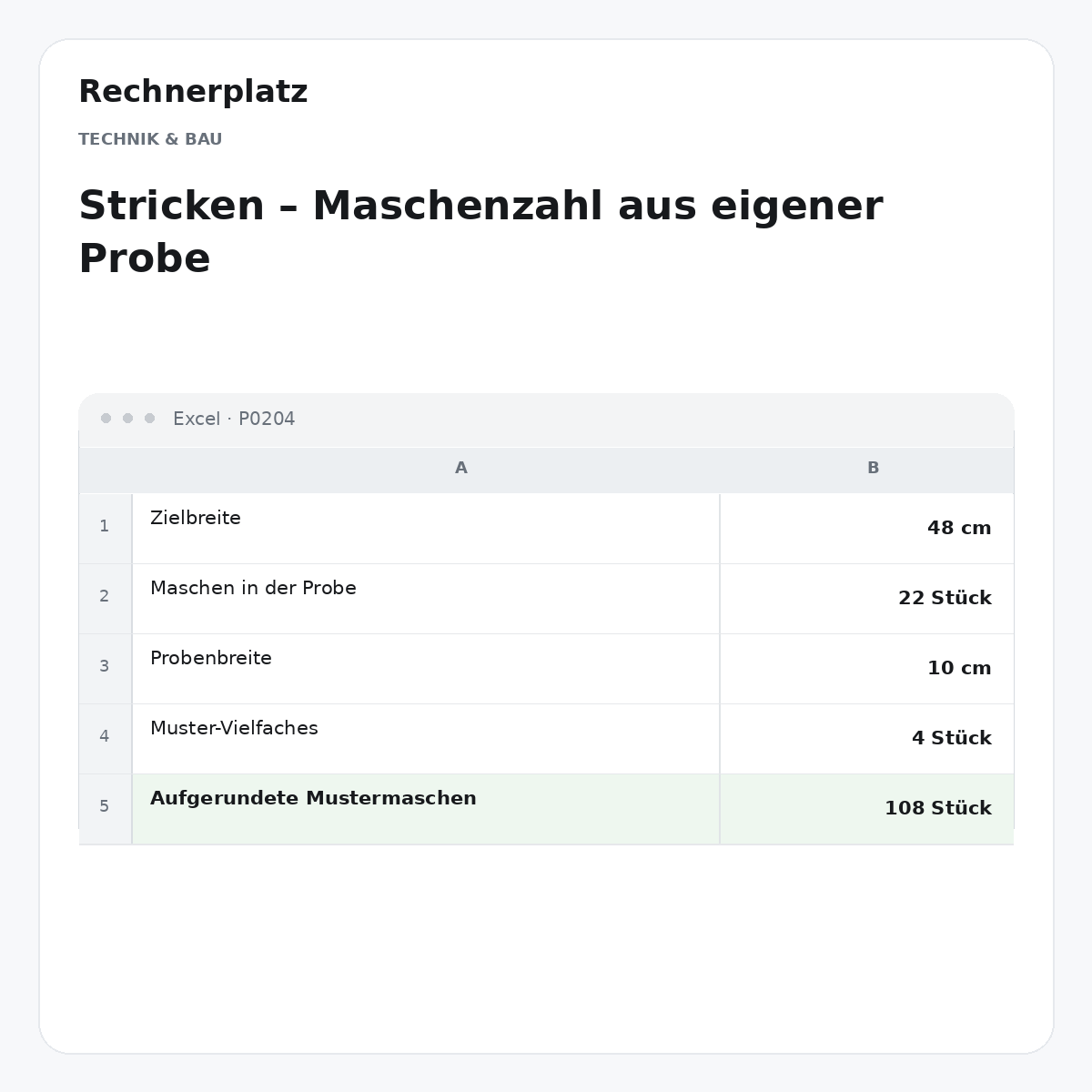 Rechnerplatz – Stricken – Maschenzahl aus eigener Probe, Excel-Übersicht mit Eingaben und Ergebnis.