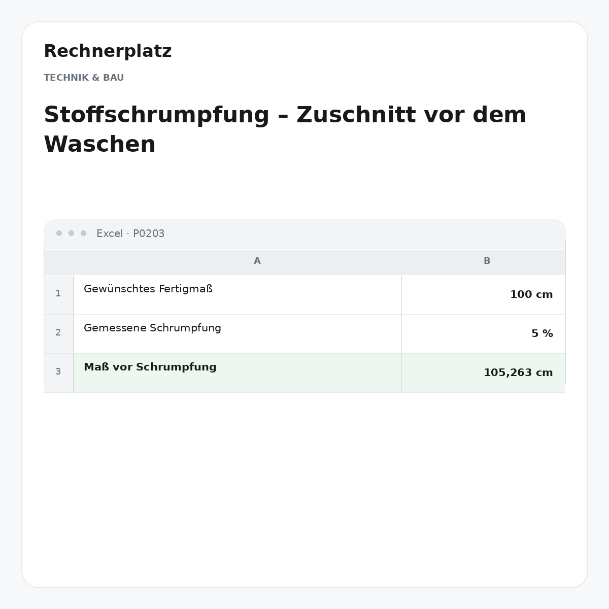 Rechnerplatz – Stoffschrumpfung – Zuschnitt vor dem Waschen, Excel-Übersicht mit Eingaben und Ergebnis.