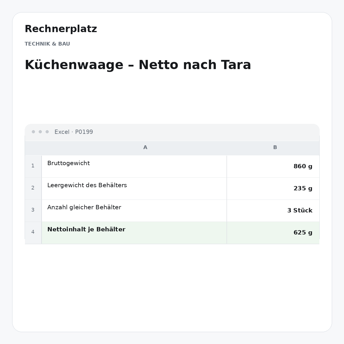 Rechnerplatz – Küchenwaage – Netto nach Tara, Excel-Übersicht mit Eingaben und Ergebnis.