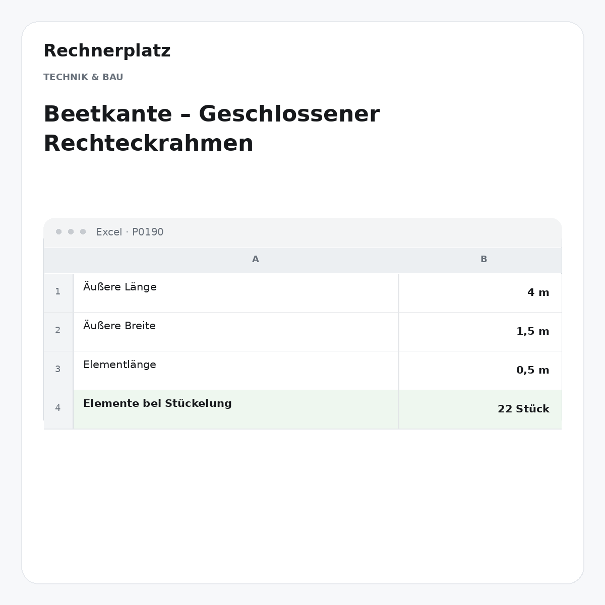 Rechnerplatz – Beetkante – Geschlossener Rechteckrahmen, Excel-Übersicht mit Eingaben und Ergebnis.