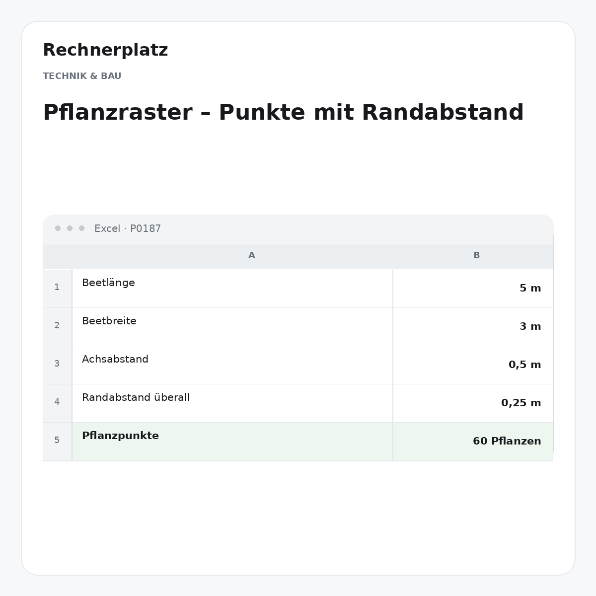 Rechnerplatz – Pflanzraster – Punkte mit Randabstand, Excel-Übersicht mit Eingaben und Ergebnis.