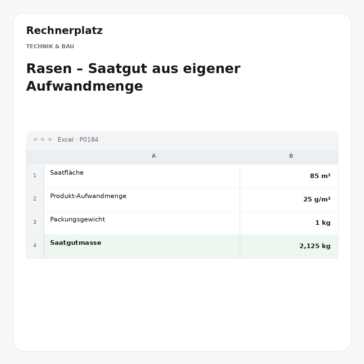 Rechnerplatz – Rasen – Saatgut aus eigener Aufwandmenge, Excel-Übersicht mit Eingaben und Ergebnis.