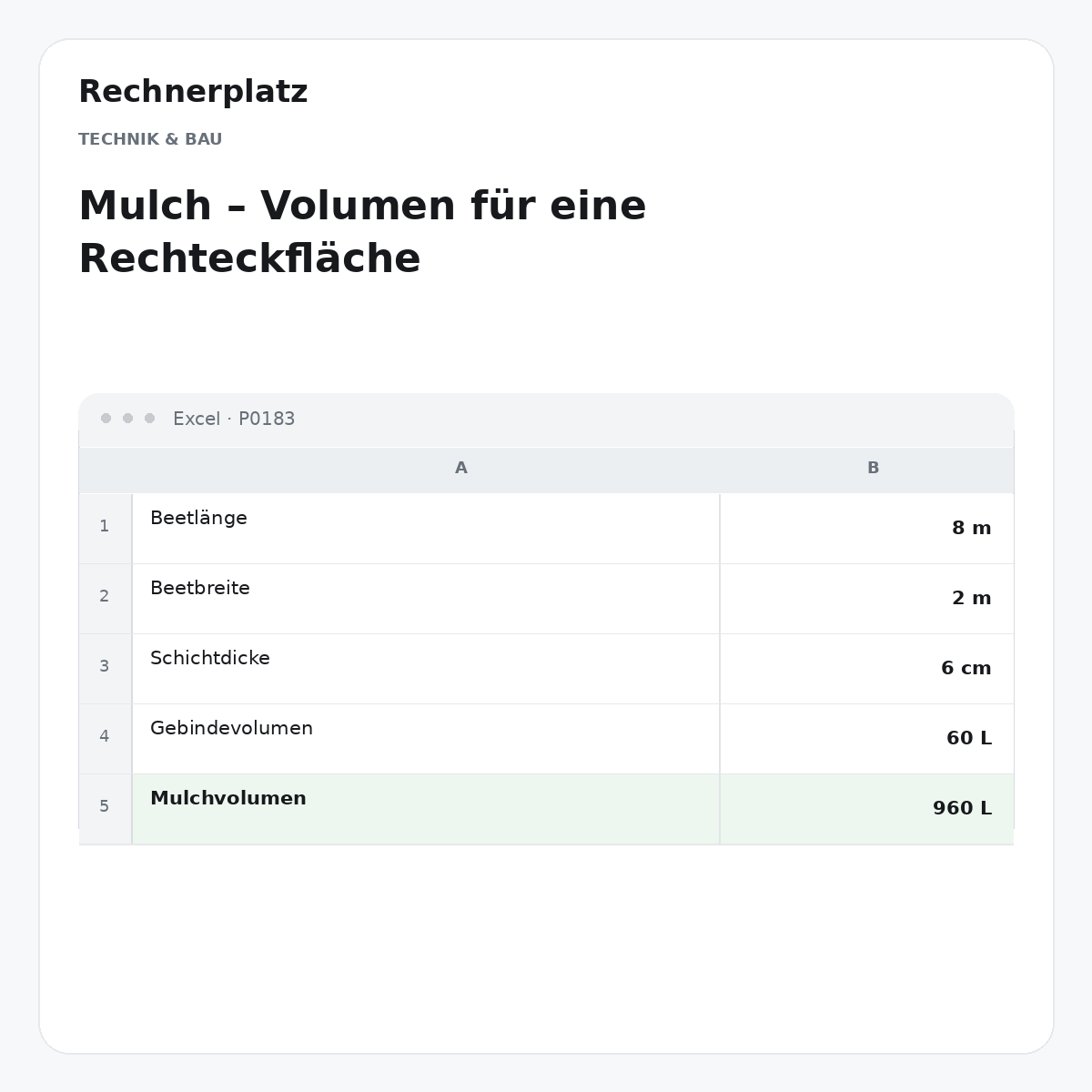 Rechnerplatz – Mulch – Volumen für eine Rechteckfläche, Excel-Übersicht mit Eingaben und Ergebnis.