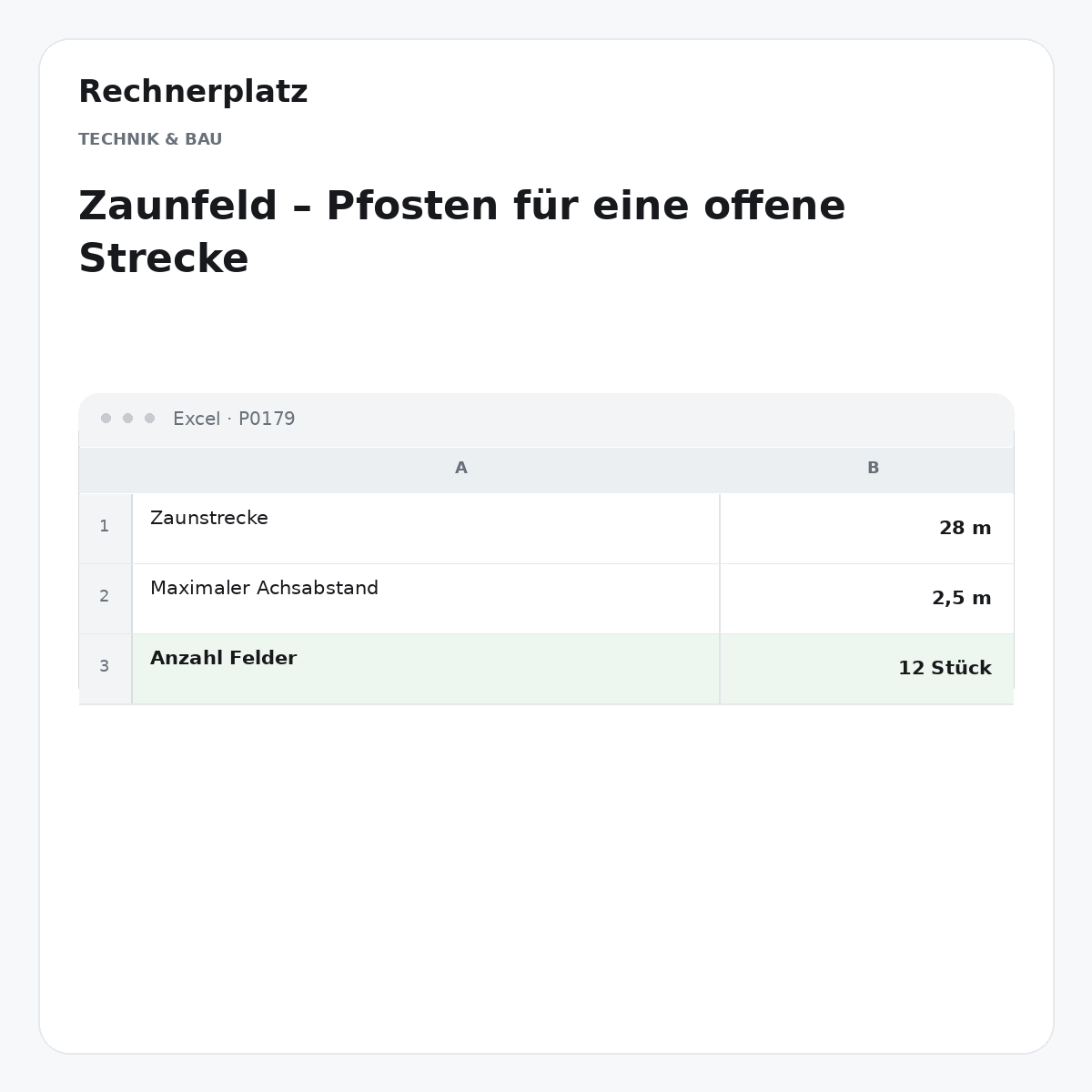 Rechnerplatz – Zaunfeld – Pfosten für eine offene Strecke, Excel-Übersicht mit Eingaben und Ergebnis.