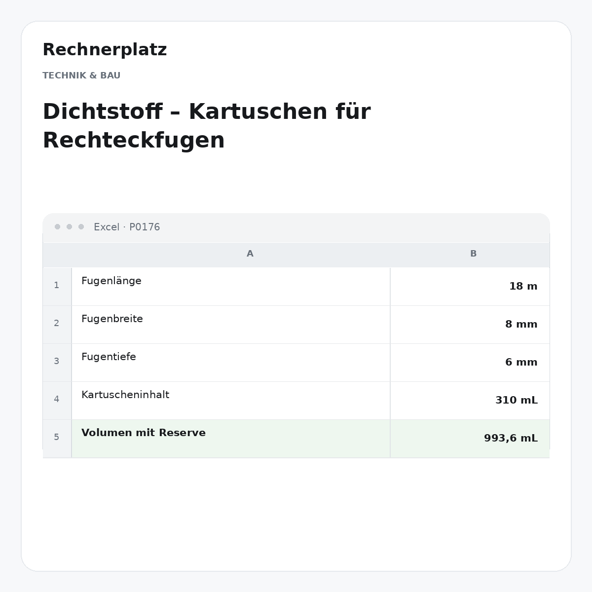 Rechnerplatz – Dichtstoff – Kartuschen für Rechteckfugen, Excel-Übersicht mit Eingaben und Ergebnis.