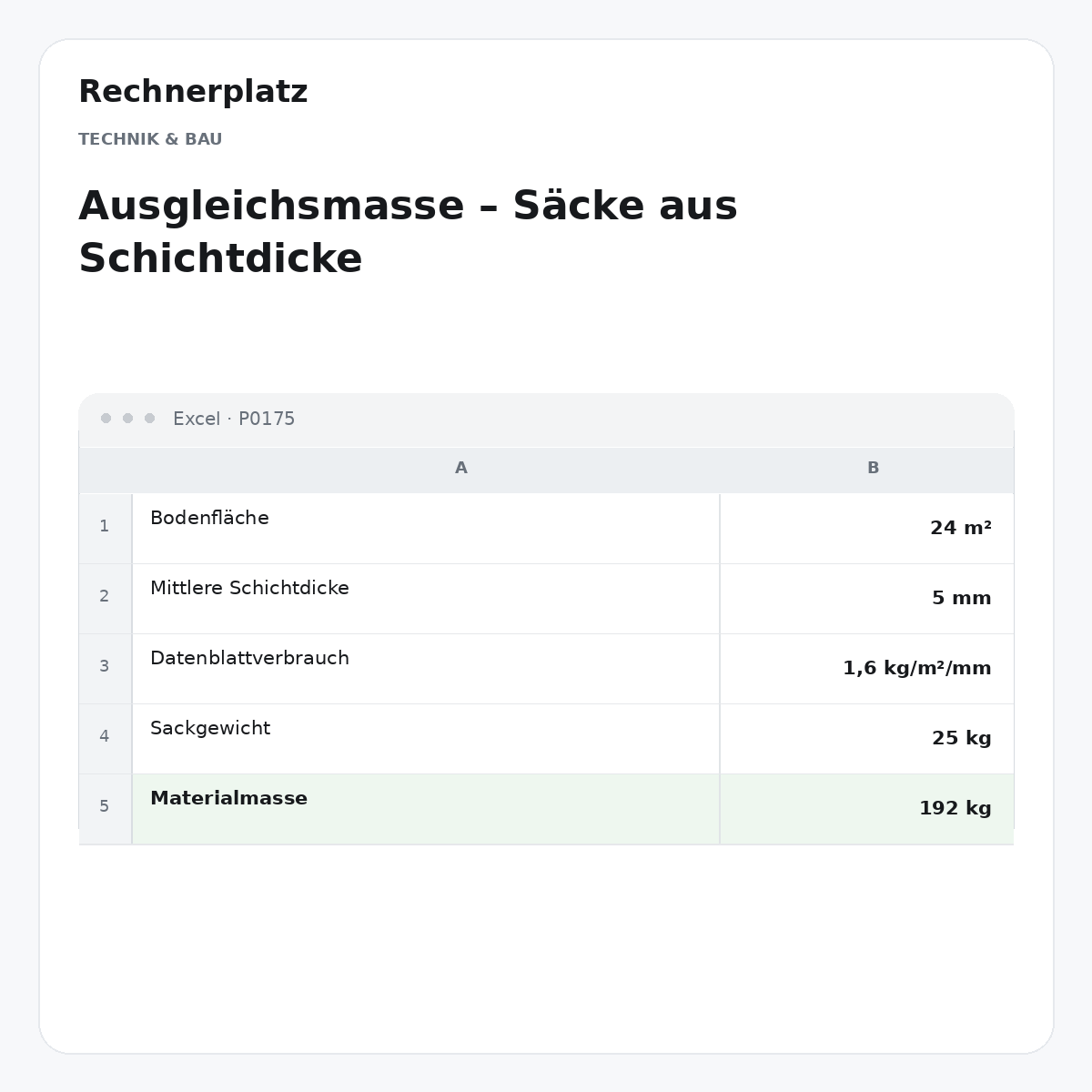Rechnerplatz – Ausgleichsmasse – Säcke aus Schichtdicke, Excel-Übersicht mit Eingaben und Ergebnis.