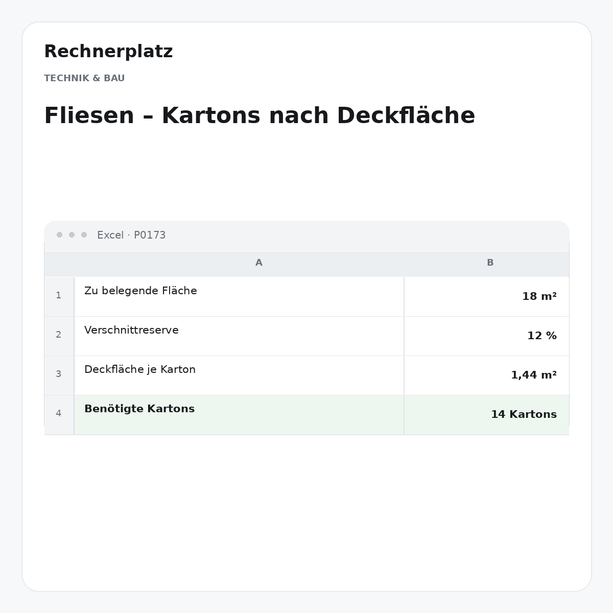 Rechnerplatz – Fliesen – Kartons nach Deckfläche, Excel-Übersicht mit Eingaben und Ergebnis.