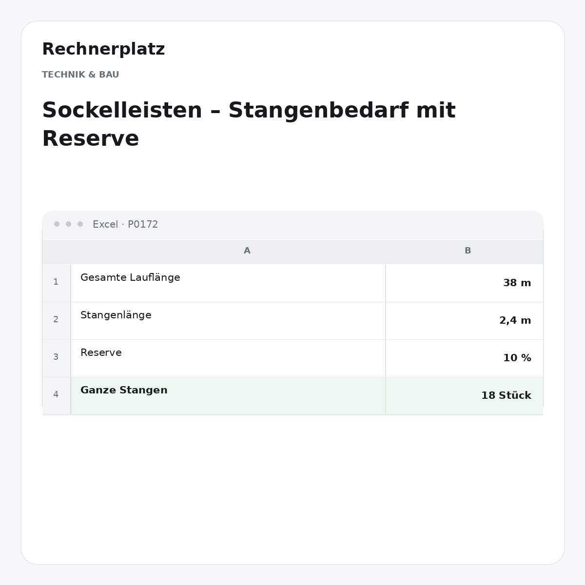Rechnerplatz – Sockelleisten – Stangenbedarf mit Reserve, Excel-Übersicht mit Eingaben und Ergebnis.