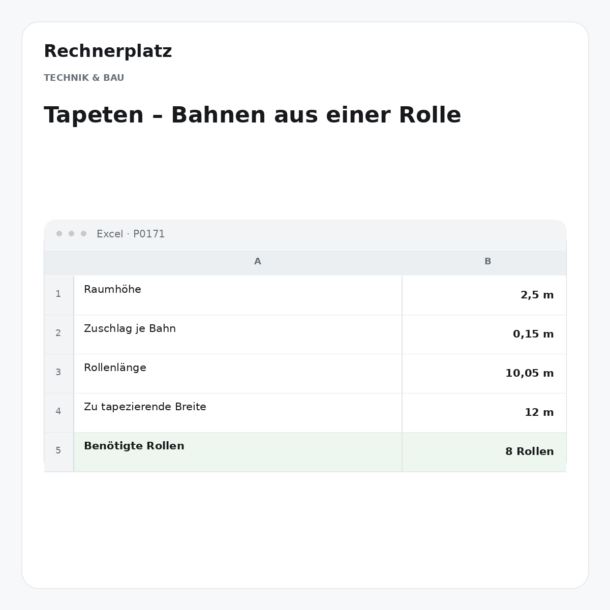 Rechnerplatz – Tapeten – Bahnen aus einer Rolle, Excel-Übersicht mit Eingaben und Ergebnis.