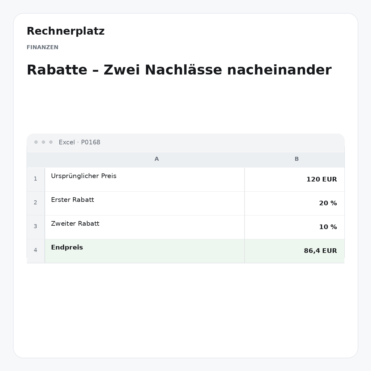 Rechnerplatz – Rabatte – Zwei Nachlässe nacheinander, Excel-Übersicht mit Eingaben und Ergebnis.