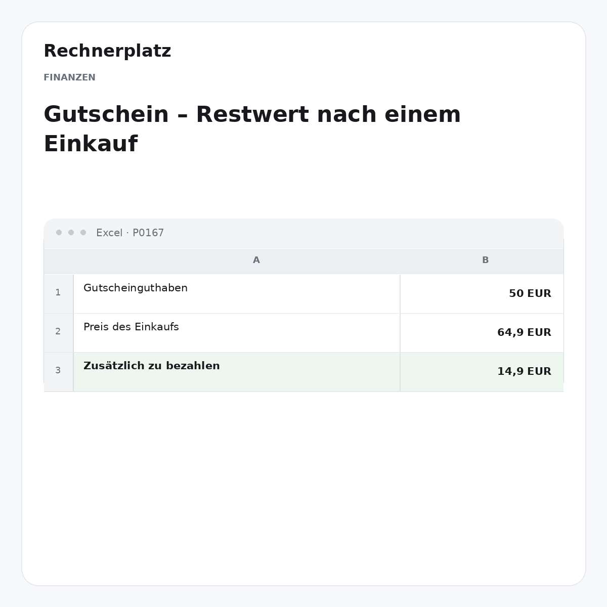 Rechnerplatz – Gutschein – Restwert nach einem Einkauf, Excel-Übersicht mit Eingaben und Ergebnis.