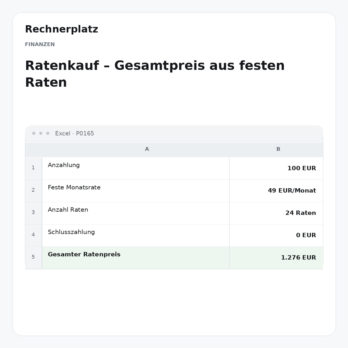 Rechnerplatz – Ratenkauf – Gesamtpreis aus festen Raten, Excel-Übersicht mit Eingaben und Ergebnis.