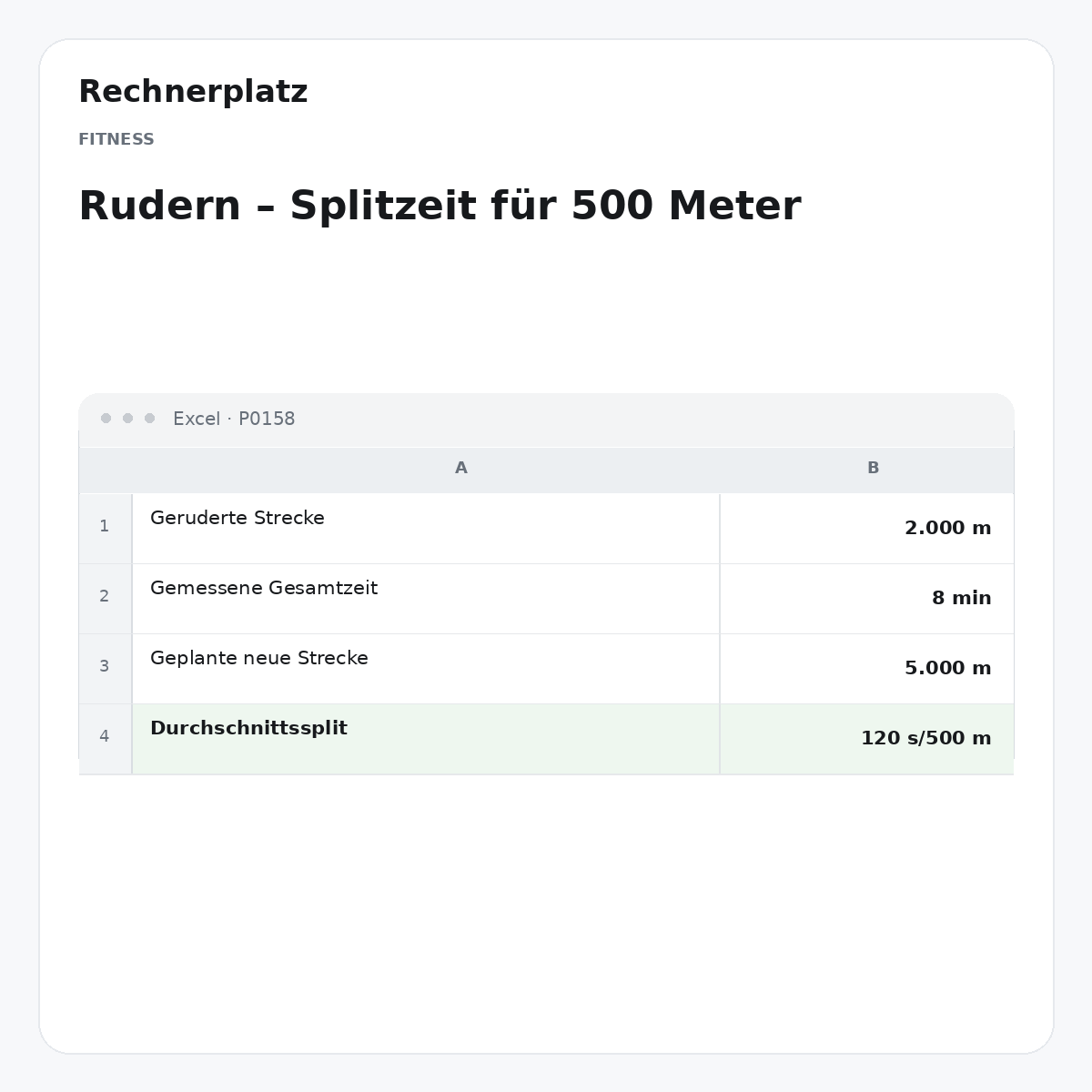Rechnerplatz – Rudern – Splitzeit für 500 Meter, Excel-Übersicht mit Eingaben und Ergebnis.