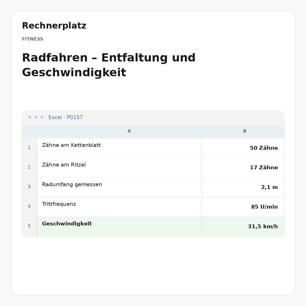 Rechnerplatz – Radfahren – Entfaltung und Geschwindigkeit, Excel-Übersicht mit Eingaben und Ergebnis.
