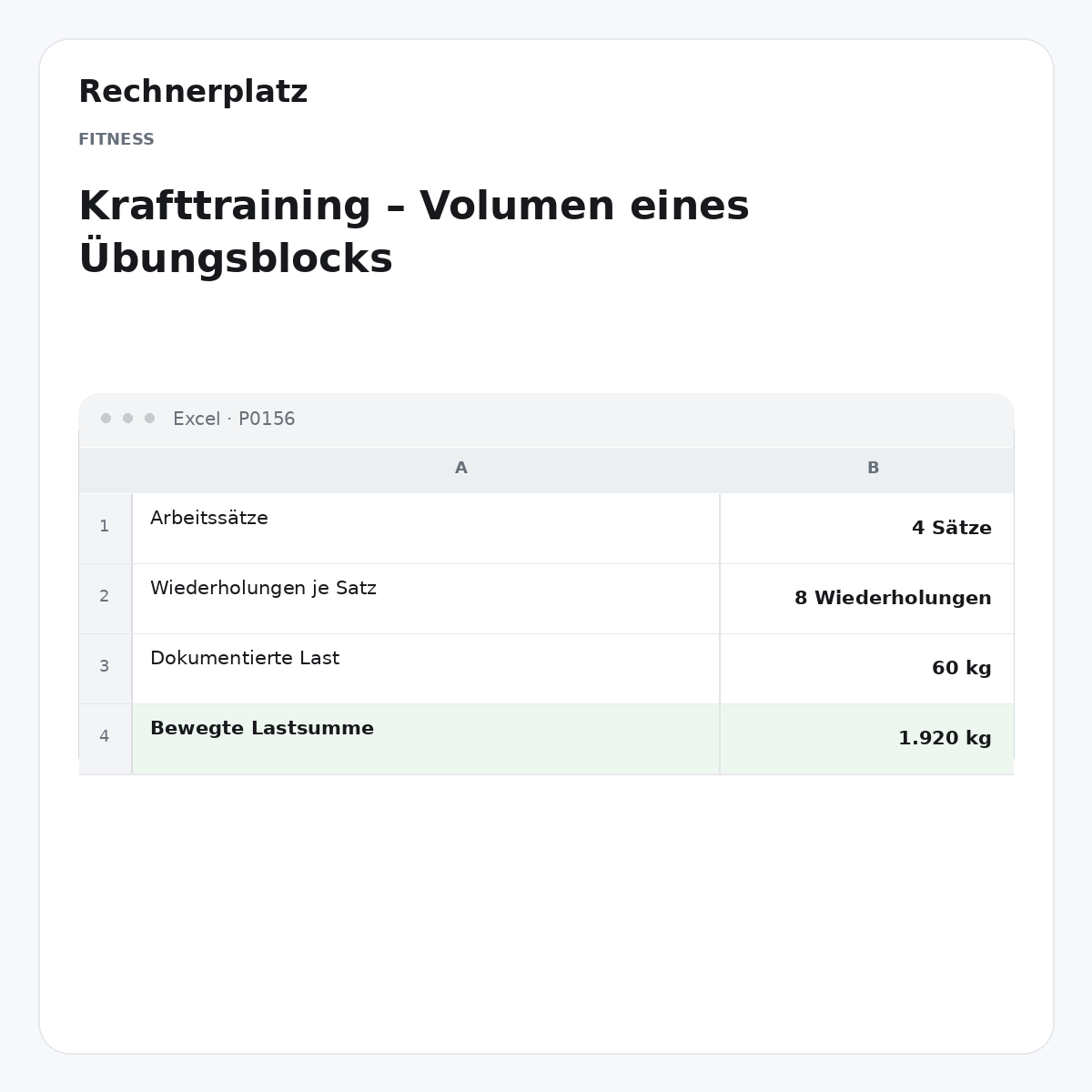 Rechnerplatz – Krafttraining – Volumen eines Übungsblocks, Excel-Übersicht mit Eingaben und Ergebnis.