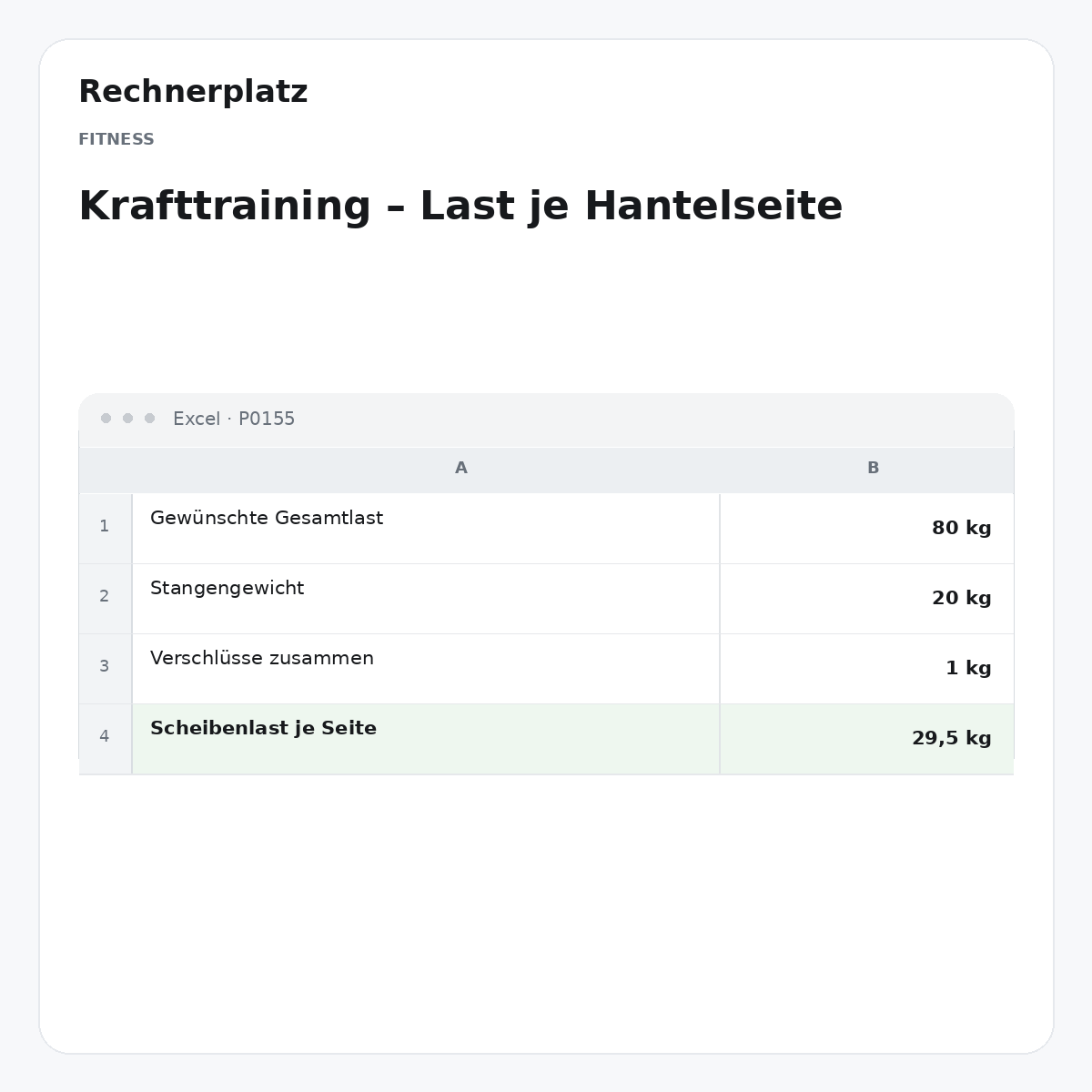 Rechnerplatz – Krafttraining – Last je Hantelseite, Excel-Übersicht mit Eingaben und Ergebnis.