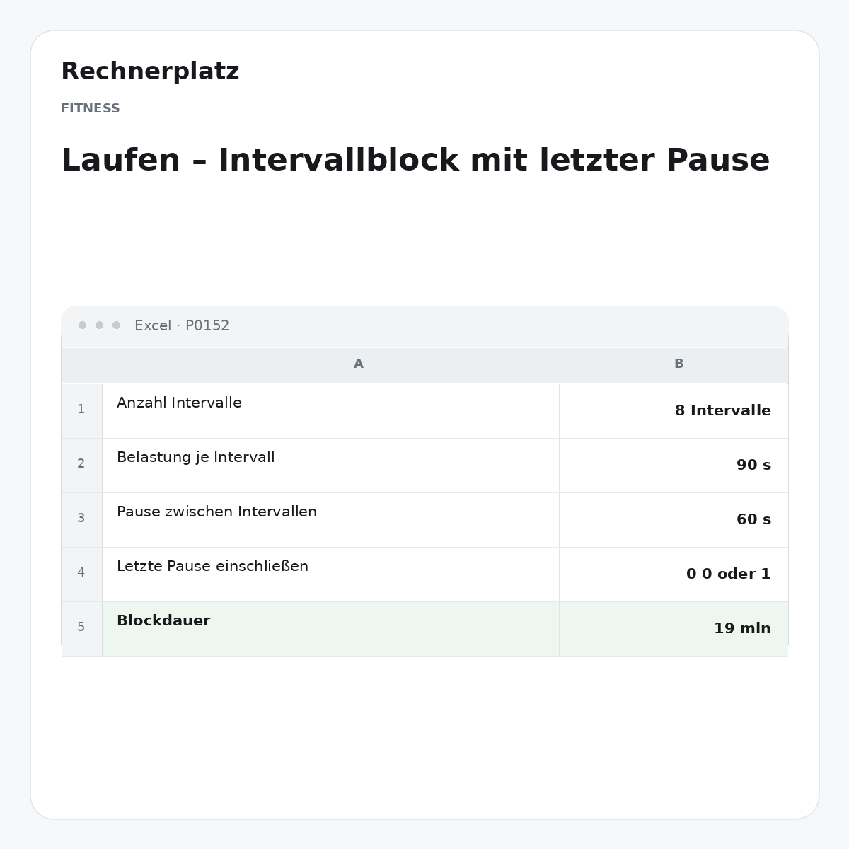 Rechnerplatz – Laufen – Intervallblock mit letzter Pause, Excel-Übersicht mit Eingaben und Ergebnis.