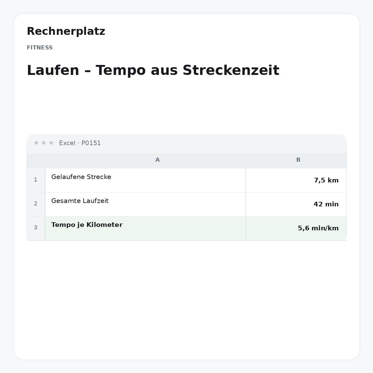 Rechnerplatz – Laufen – Tempo aus Streckenzeit, Excel-Übersicht mit Eingaben und Ergebnis.