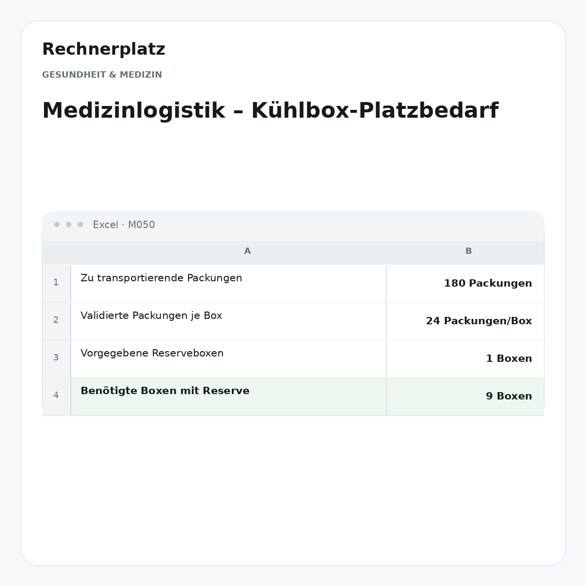Rechnerplatz – Medizinlogistik – Kühlbox-Platzbedarf, Excel-Übersicht mit Eingaben und Ergebnis.