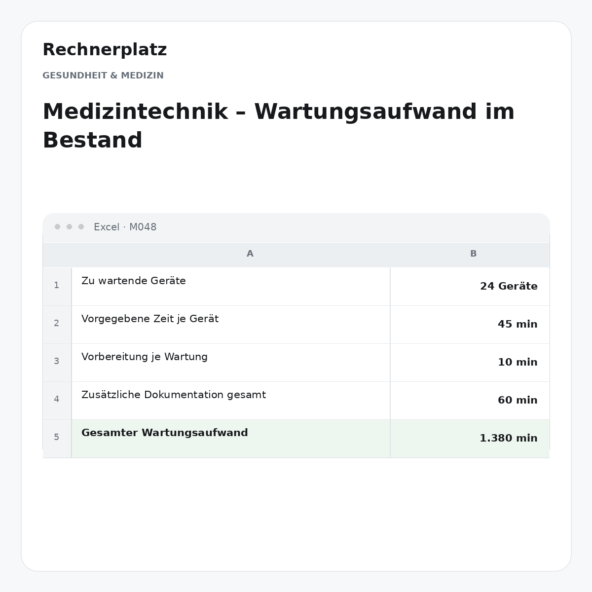 Rechnerplatz – Medizintechnik – Wartungsaufwand im Bestand, Excel-Übersicht mit Eingaben und Ergebnis.