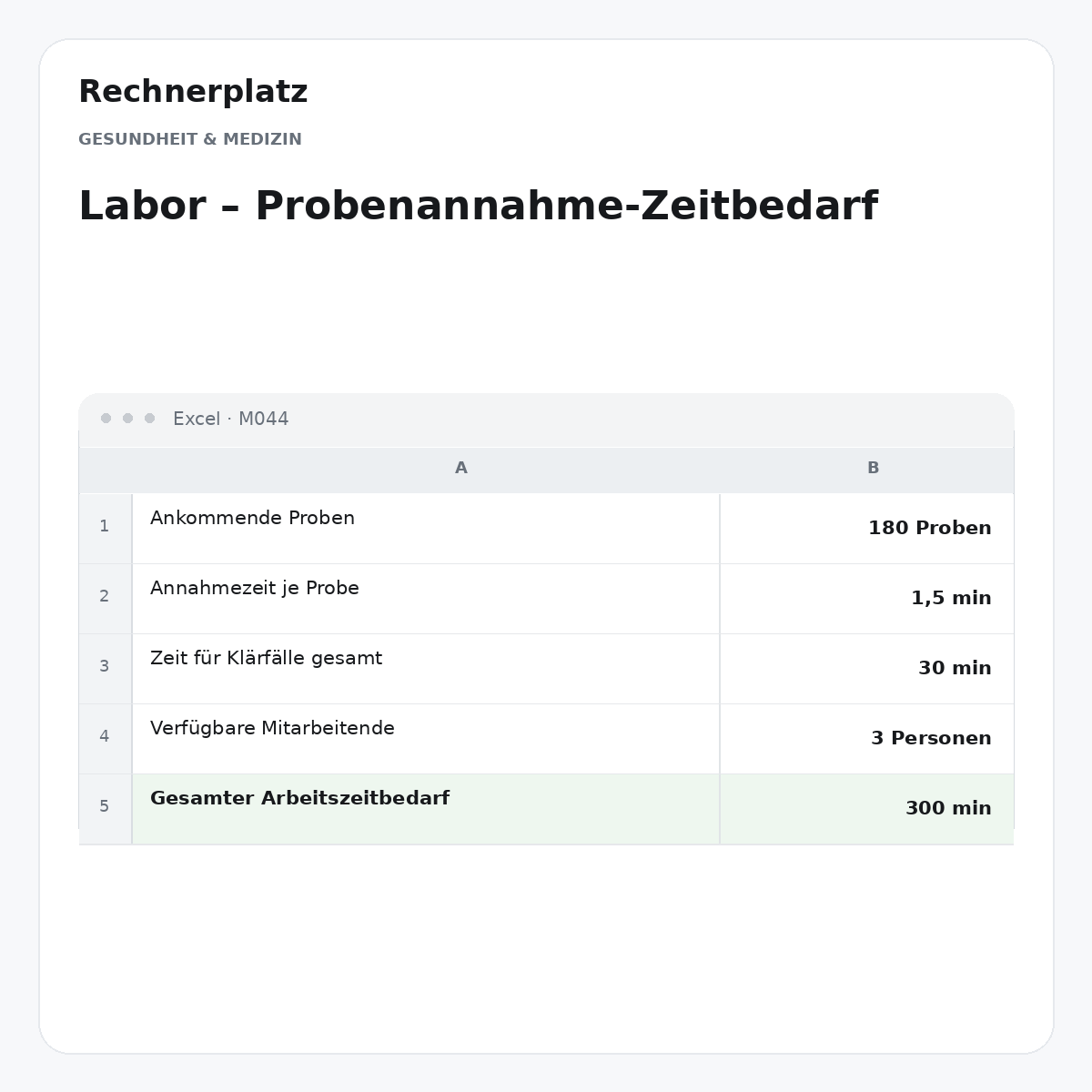 Rechnerplatz – Labor – Probenannahme-Zeitbedarf, Excel-Übersicht mit Eingaben und Ergebnis.