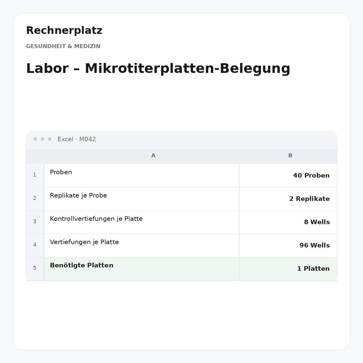 Rechnerplatz – Labor – Mikrotiterplatten-Belegung, Excel-Übersicht mit Eingaben und Ergebnis.