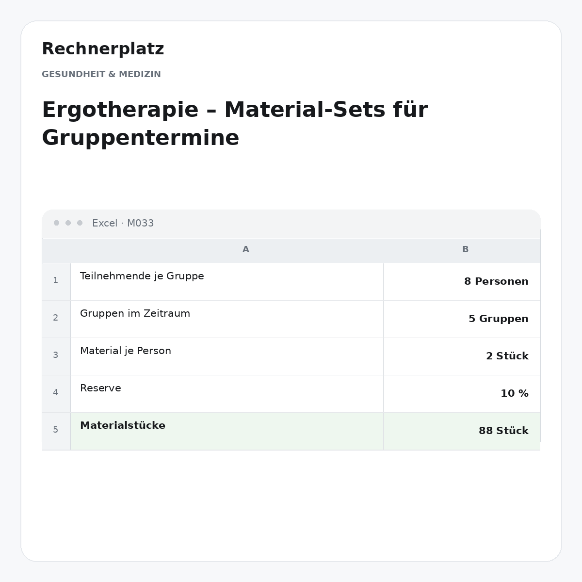 Rechnerplatz – Ergotherapie – Material-Sets für Gruppentermine, Excel-Übersicht mit Eingaben und Ergebnis.