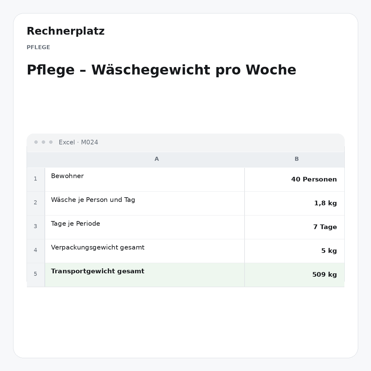 Rechnerplatz – Pflege – Wäschegewicht pro Woche, Excel-Übersicht mit Eingaben und Ergebnis.
