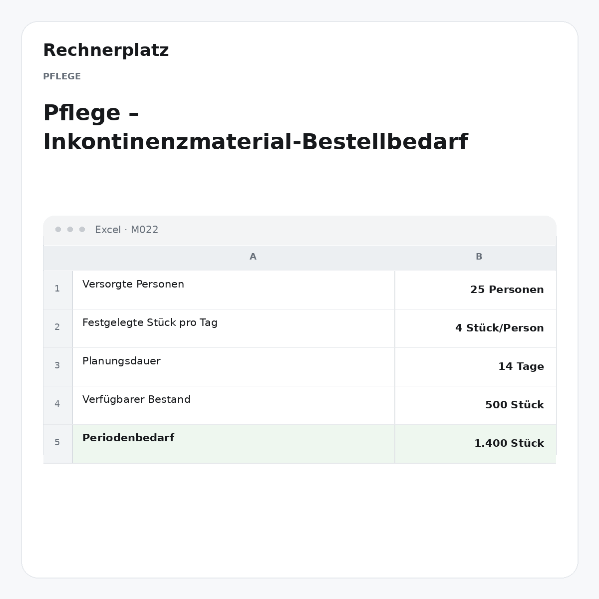 Rechnerplatz – Pflege – Inkontinenzmaterial-Bestellbedarf, Excel-Übersicht mit Eingaben und Ergebnis.