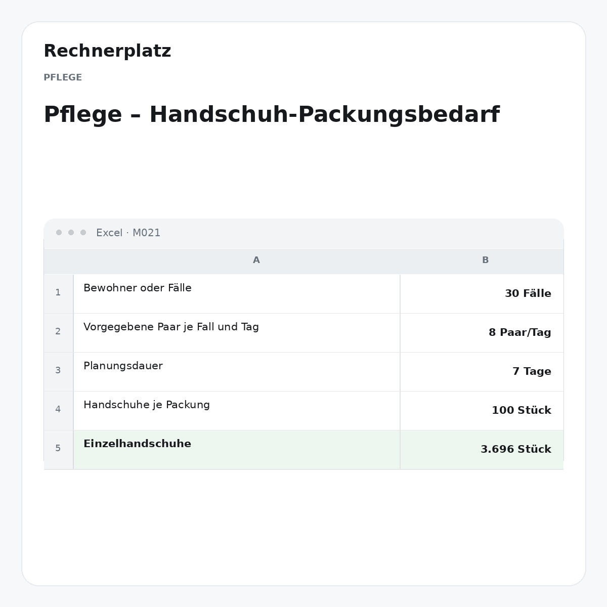 Rechnerplatz – Pflege – Handschuh-Packungsbedarf, Excel-Übersicht mit Eingaben und Ergebnis.
