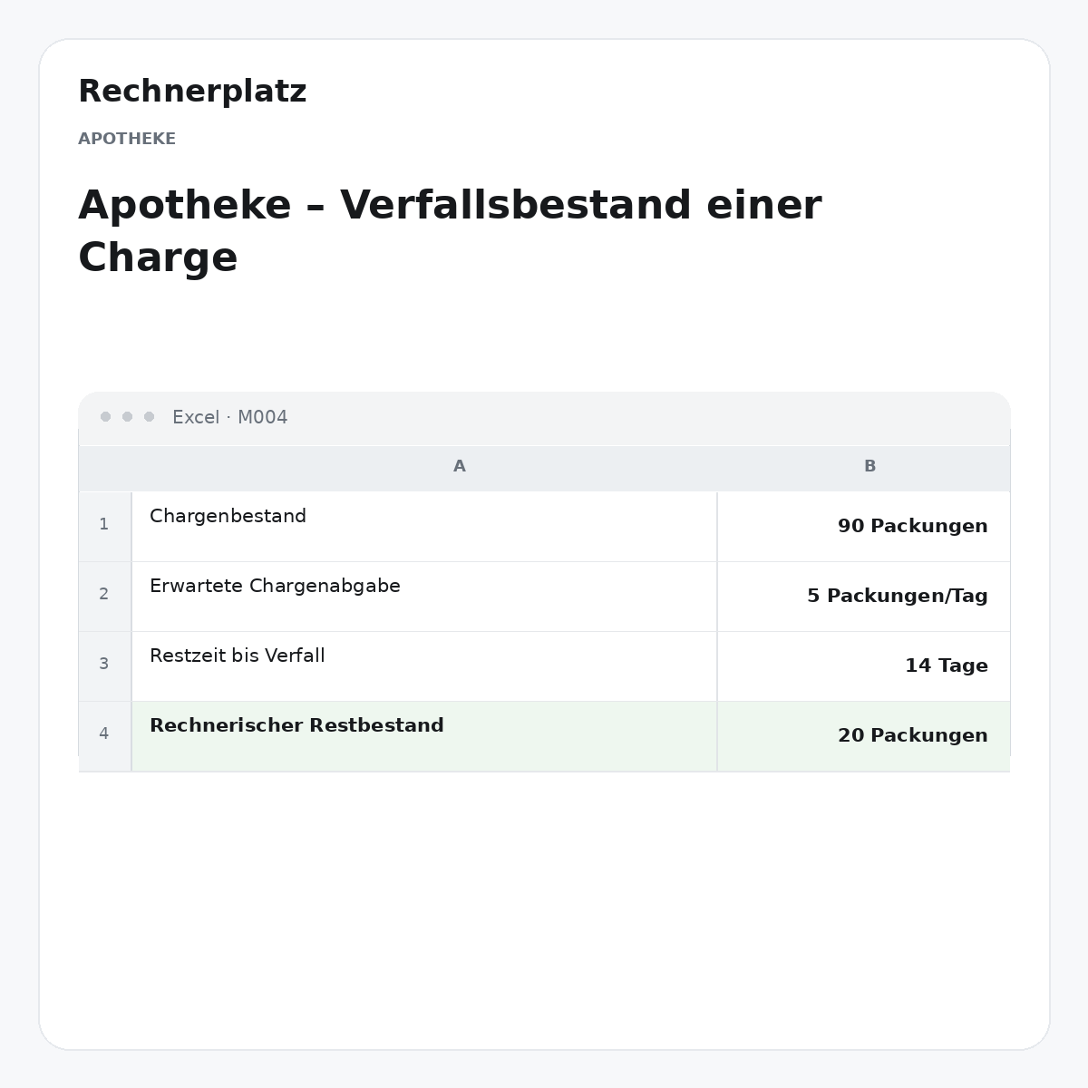 Rechnerplatz – Apotheke – Verfallsbestand einer Charge, Excel-Übersicht mit Eingaben und Ergebnis.