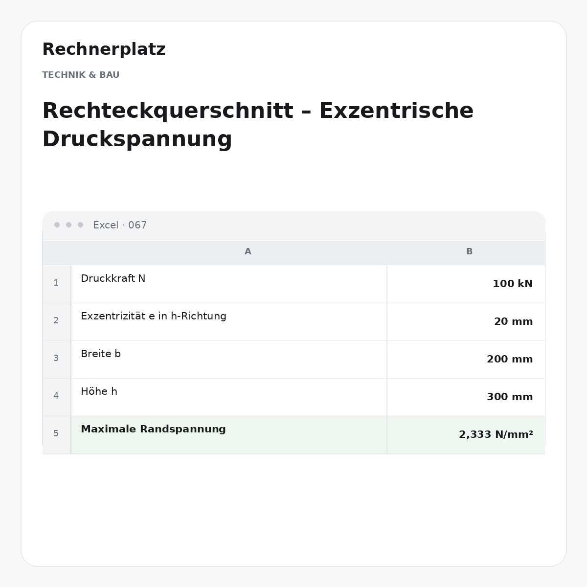 Rechnerplatz – Rechteckquerschnitt – Exzentrische Druckspannung, Excel-Übersicht mit Eingaben und Ergebnis.
