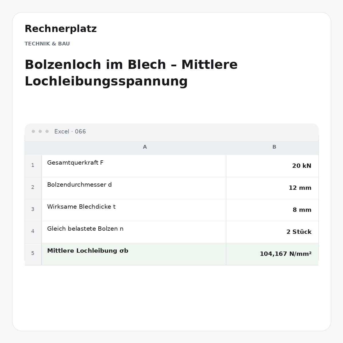 Rechnerplatz – Bolzenloch im Blech – Mittlere Lochleibungsspannung, Excel-Übersicht mit Eingaben und Ergebnis.