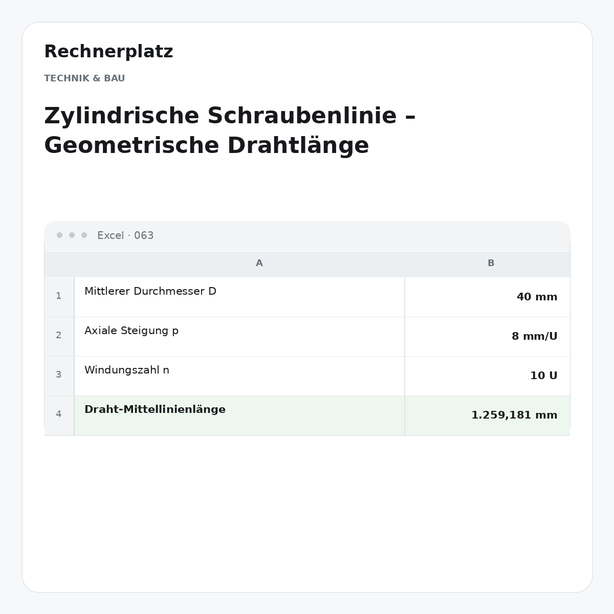 Rechnerplatz – Zylindrische Schraubenlinie – Geometrische Drahtlänge, Excel-Übersicht mit Eingaben und Ergebnis.