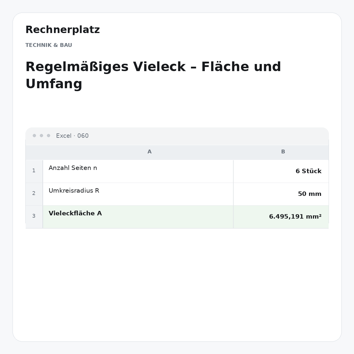 Rechnerplatz – Regelmäßiges Vieleck – Fläche und Umfang, Excel-Übersicht mit Eingaben und Ergebnis.