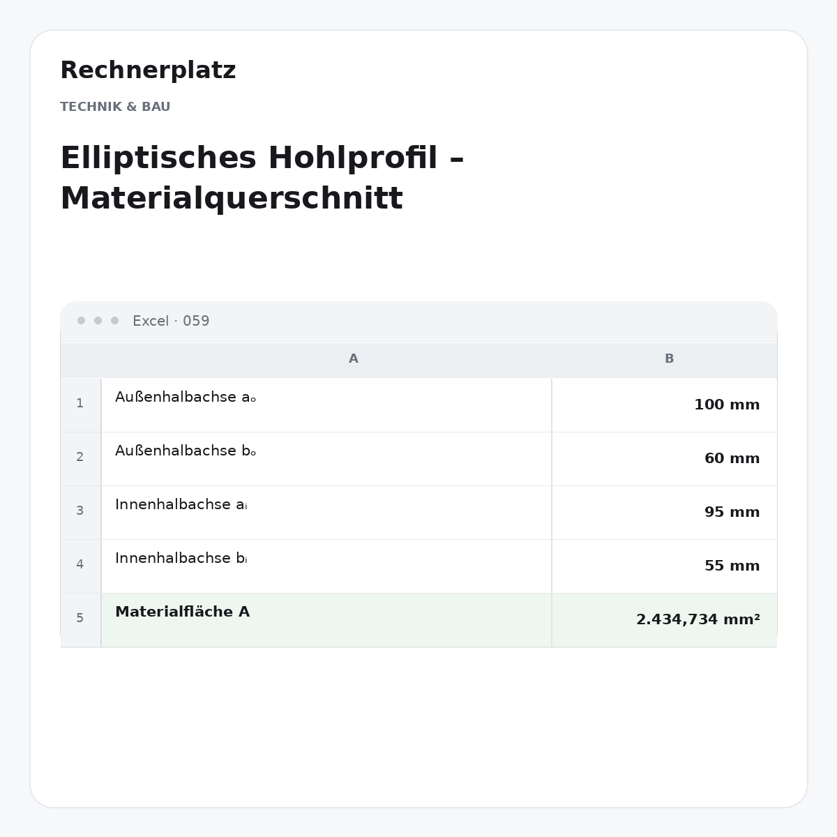 Rechnerplatz – Elliptisches Hohlprofil – Materialquerschnitt, Excel-Übersicht mit Eingaben und Ergebnis.