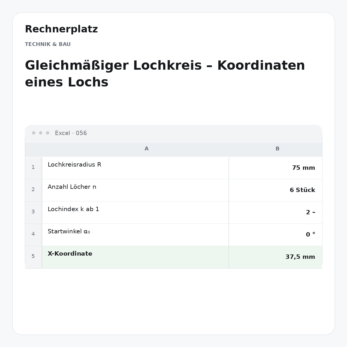 Rechnerplatz – Gleichmäßiger Lochkreis – Koordinaten eines Lochs, Excel-Übersicht mit Eingaben und Ergebnis.