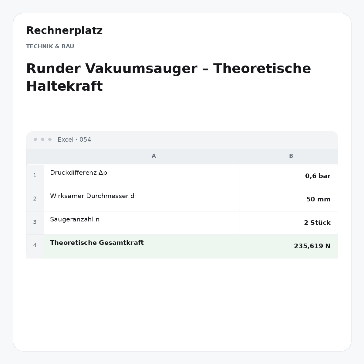 Rechnerplatz – Runder Vakuumsauger – Theoretische Haltekraft, Excel-Übersicht mit Eingaben und Ergebnis.