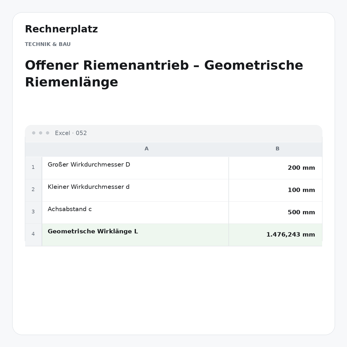 Rechnerplatz – Offener Riemenantrieb – Geometrische Riemenlänge, Excel-Übersicht mit Eingaben und Ergebnis.