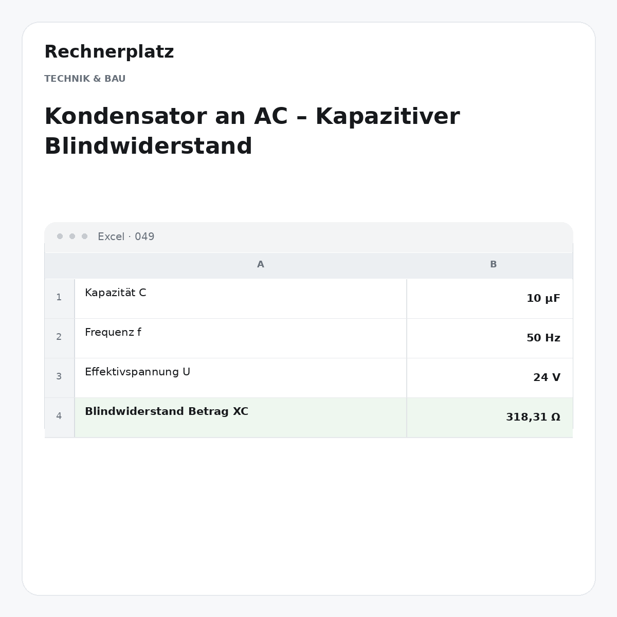 Rechnerplatz – Kondensator an AC – Kapazitiver Blindwiderstand, Excel-Übersicht mit Eingaben und Ergebnis.