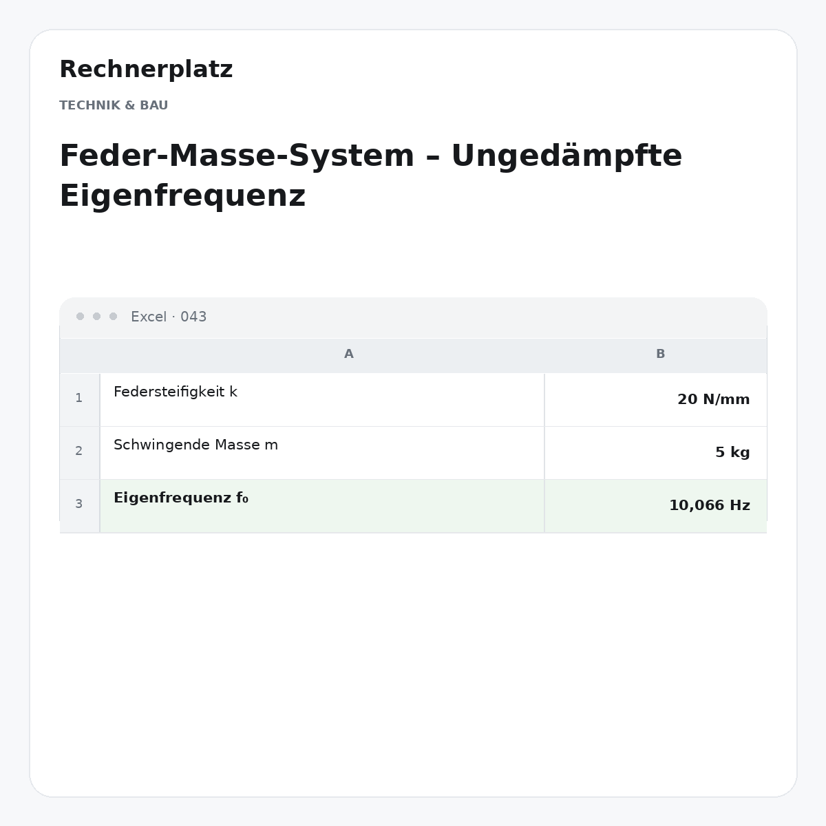 Rechnerplatz – Feder-Masse-System – Ungedämpfte Eigenfrequenz, Excel-Übersicht mit Eingaben und Ergebnis.