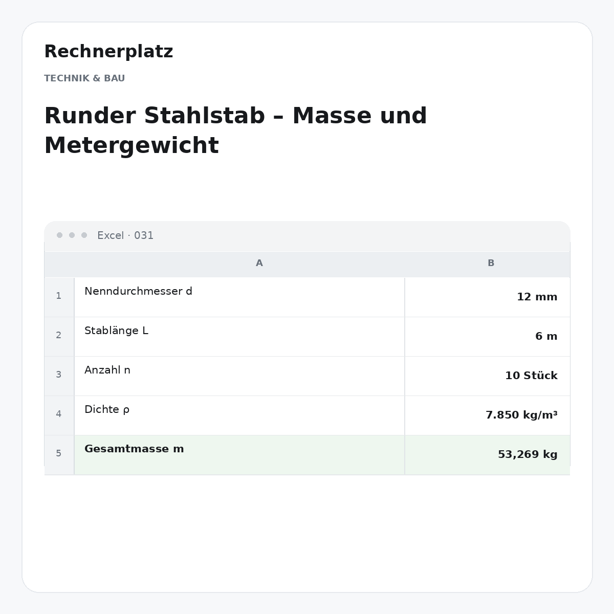 Rechnerplatz – Runder Stahlstab – Masse und Metergewicht, Excel-Übersicht mit Eingaben und Ergebnis.