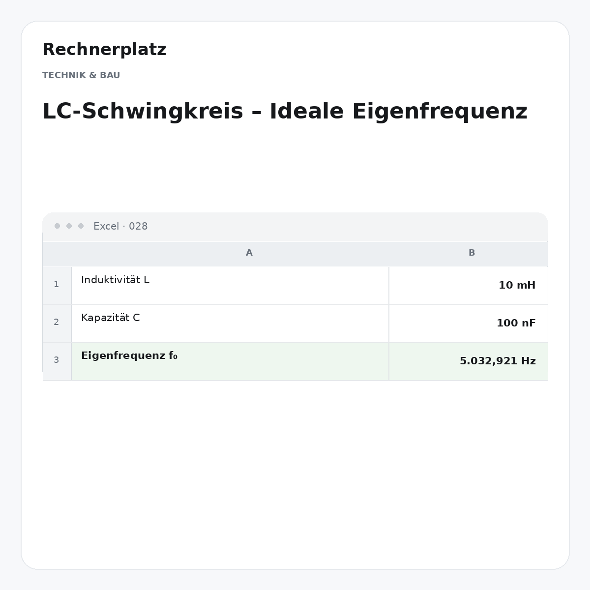 Rechnerplatz – LC-Schwingkreis – Ideale Eigenfrequenz, Excel-Übersicht mit Eingaben und Ergebnis.