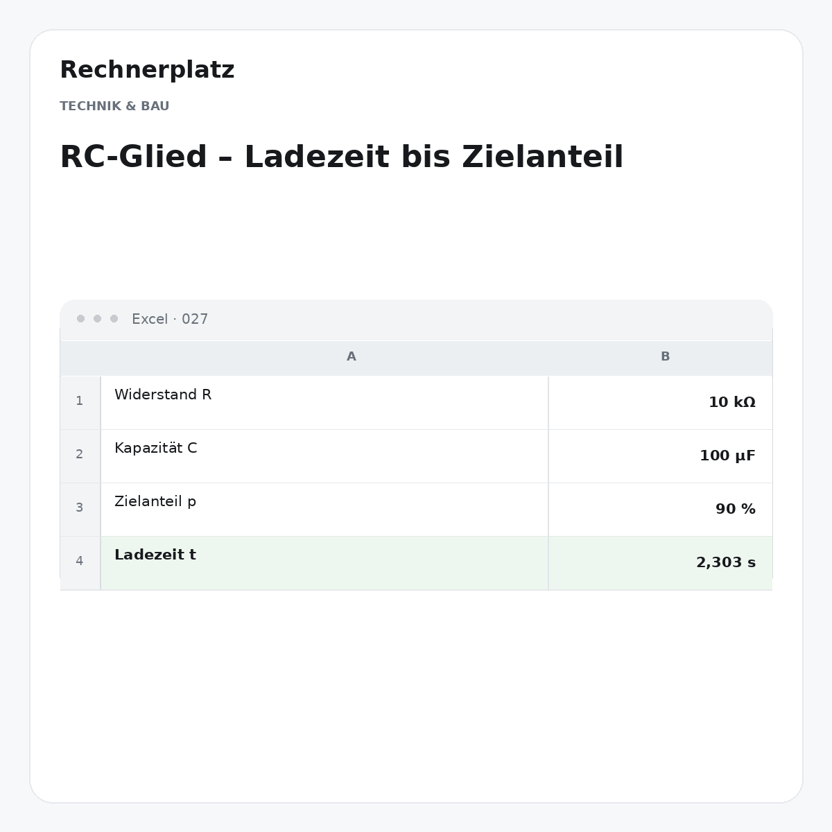 Rechnerplatz – RC-Glied – Ladezeit bis Zielanteil, Excel-Übersicht mit Eingaben und Ergebnis.