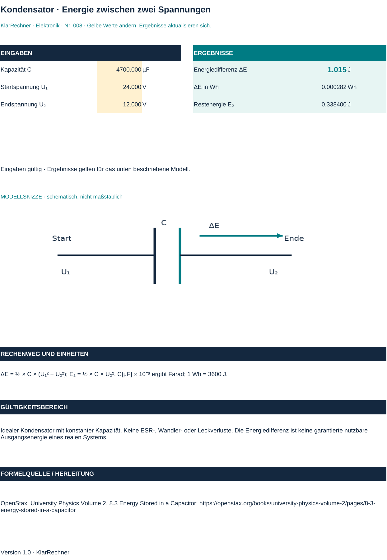 Arbeitsblatt-Vorschau: Kondensator – Energie zwischen zwei Spannungen mit den in der Datei hinterlegten Werten.