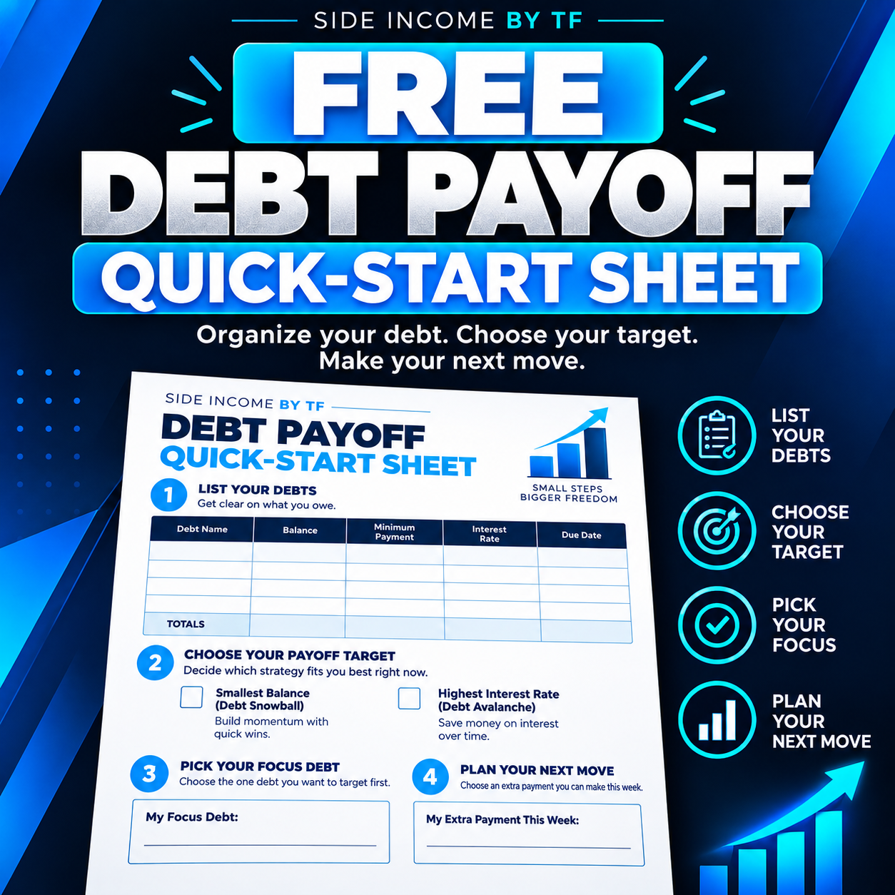 Free Debt Payoff Worksheet and Quick-Start Sheet by Side Income By TF, featuring a blue debt repayment planner cover for beginners.