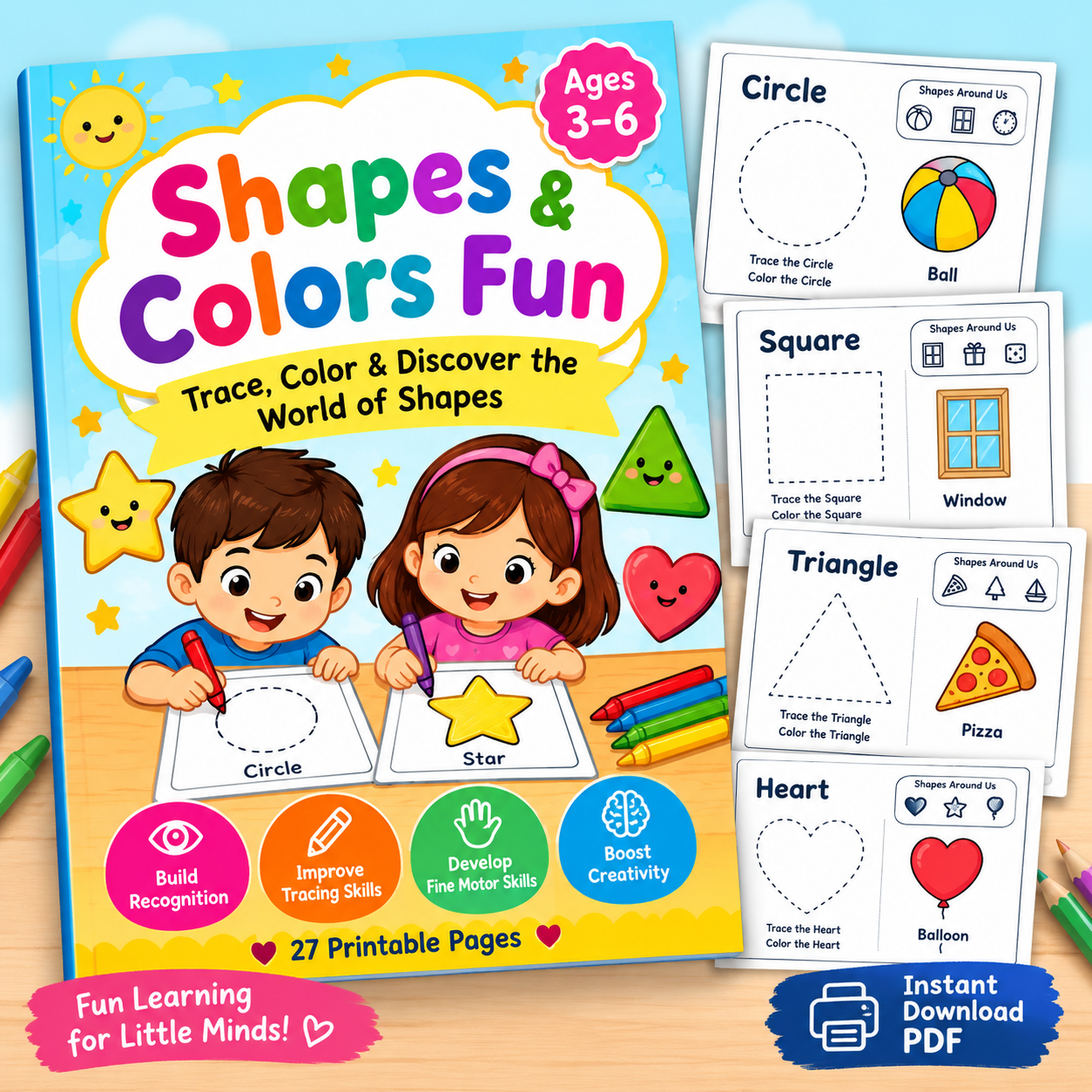 A fun printable shape-tracing and coloring activity book for preschoolers ages 3–6
