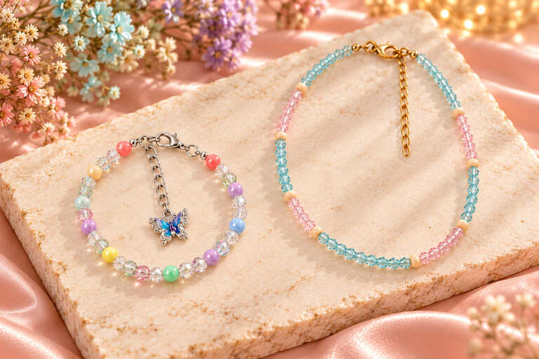 Pastel rainbow bracelet and anklet set displayed on a stone slab