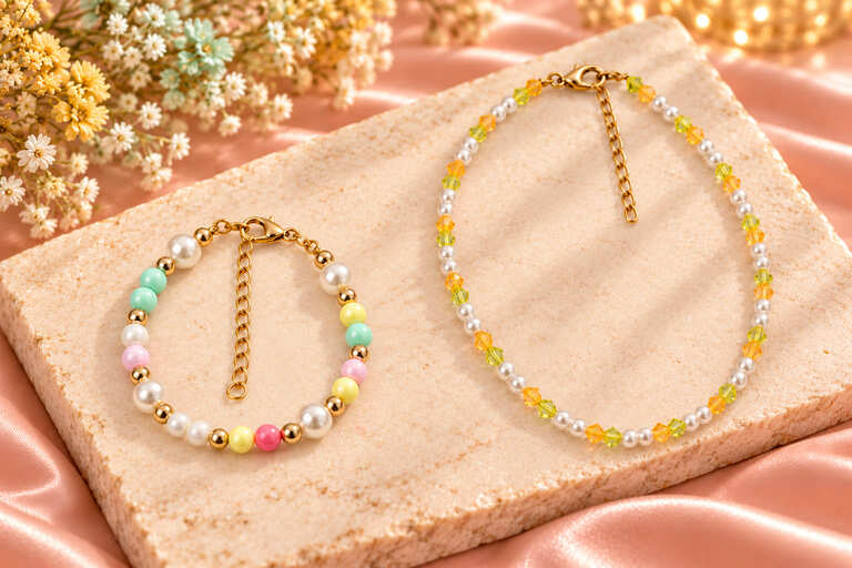 Golden sunshine pearl and crystal bracelet and anklet set on a stone slab